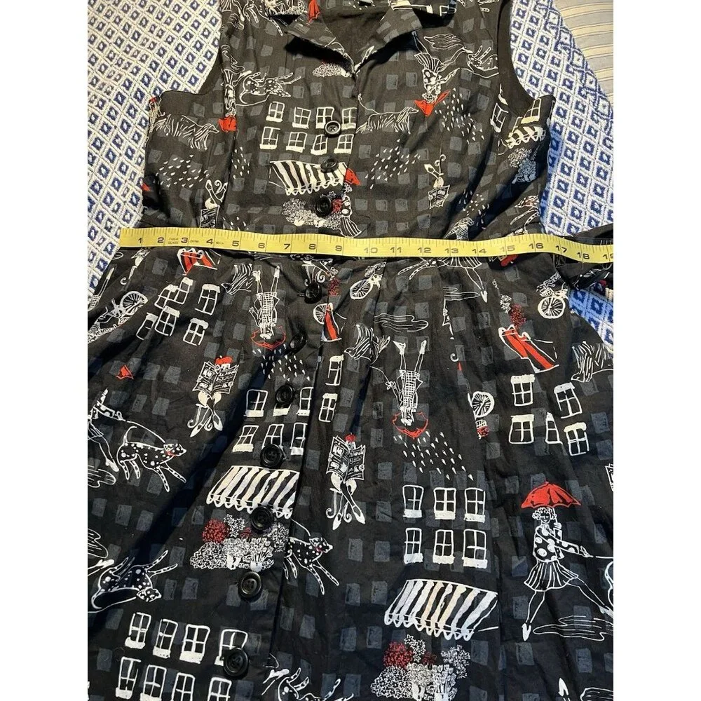 ModCloth Dress L Black Cotton Button Front Fit & Flare Novelty Print Belted - Picture 11 of 11